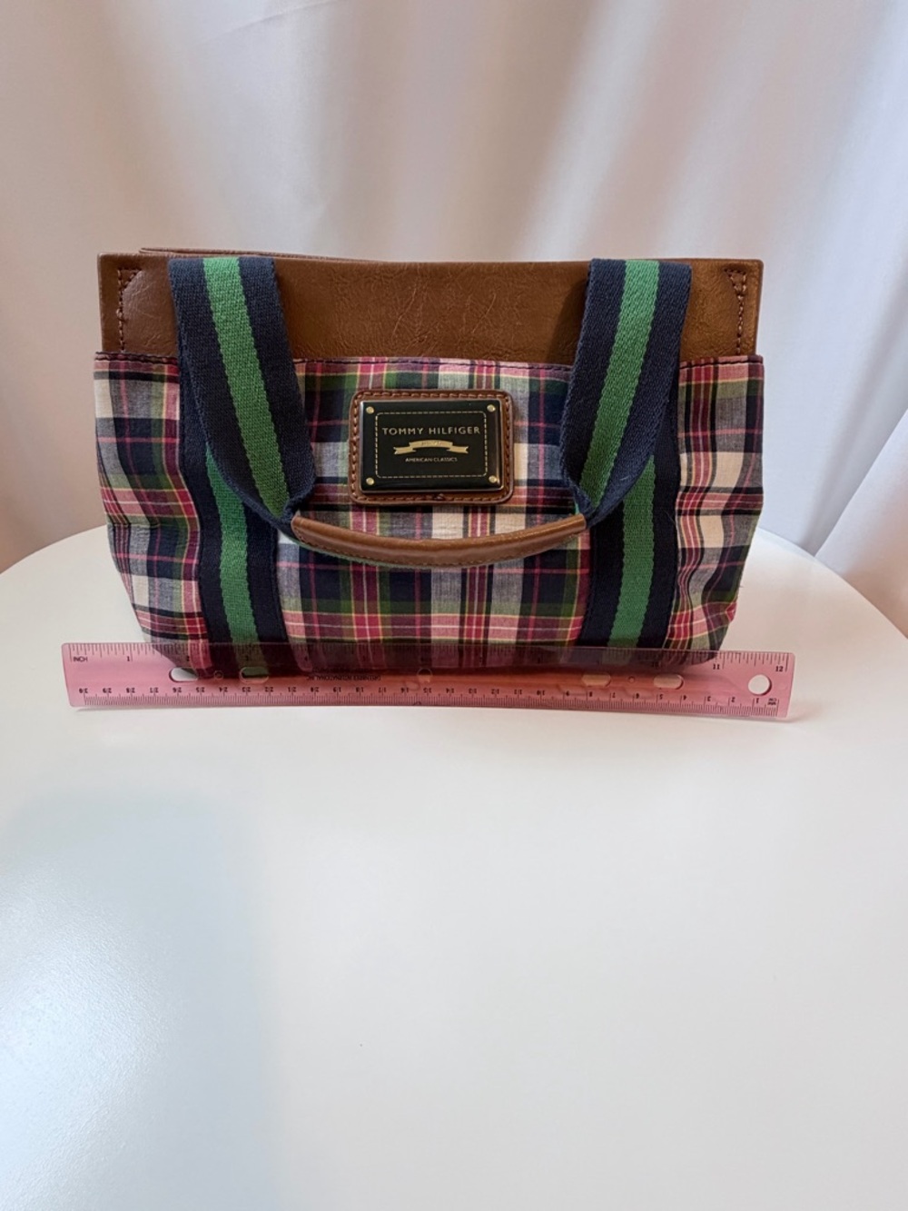 Tommy Hilfiger Plaid Tote with Brown Trim and Green-Striped Handles